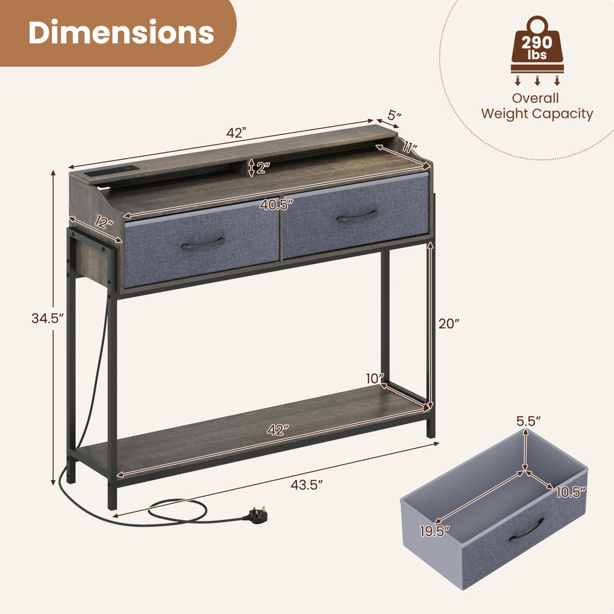 Console Table with Charging Station 110 cm Narrow Entryway Table with 2 Drawers and Shelves-Gray