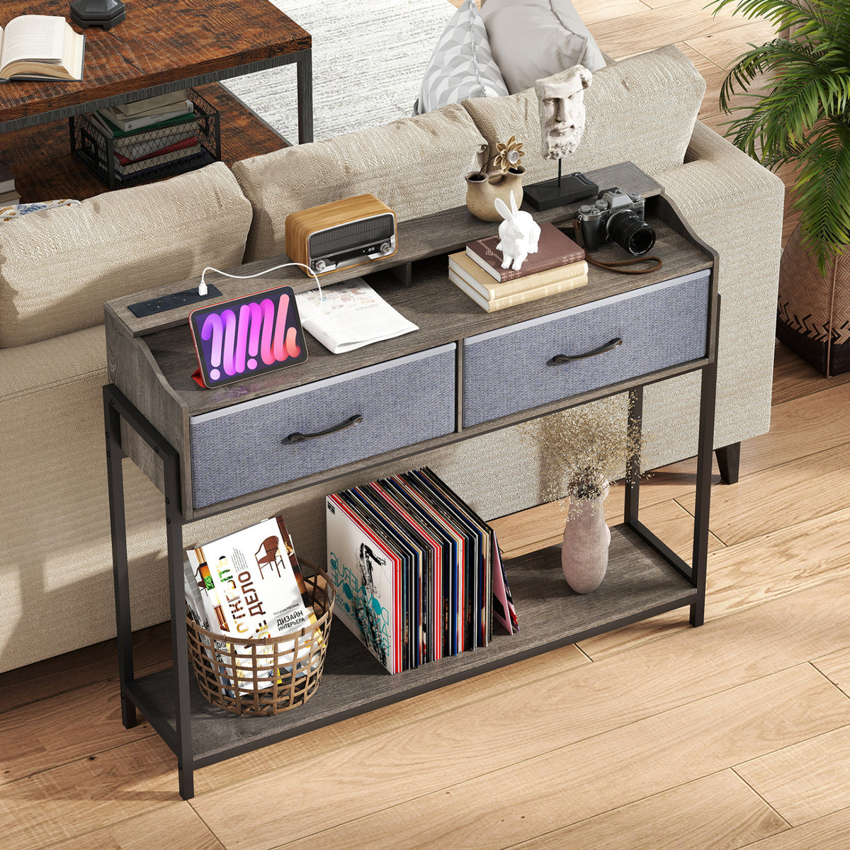 Console Table with Charging Station 110 cm Narrow Entryway Table with 2 Drawers and Shelves-Gray