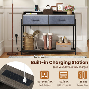 Console Table with Charging Station 110 cm Narrow Entryway Table with 2 Drawers and Shelves-Gray