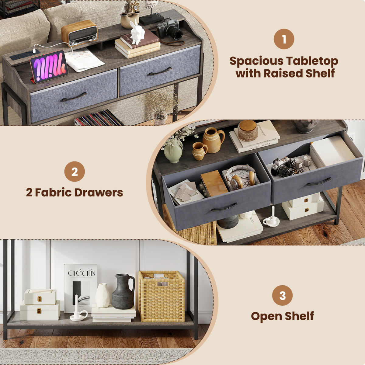 Console Table with Charging Station 110 cm Narrow Entryway Table with 2 Drawers and Shelves-Gray