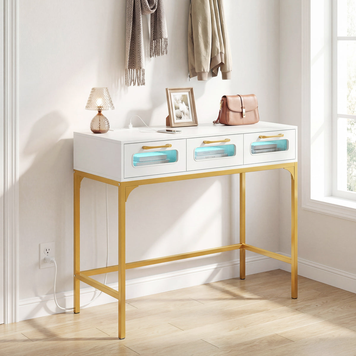 Console Table with LED Lighting and Charging Station for Living Room and Hallway-White