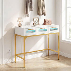 Console Table with LED Lighting and Charging Station for Living Room and Hallway-White