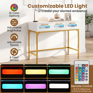 Console Table with LED Lighting and Charging Station for Living Room and Hallway-White