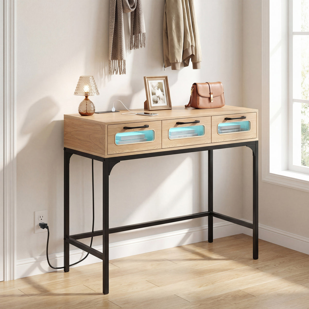 Console Table with LED Lighting and Charging Station for Living Room and Hallway-Natural