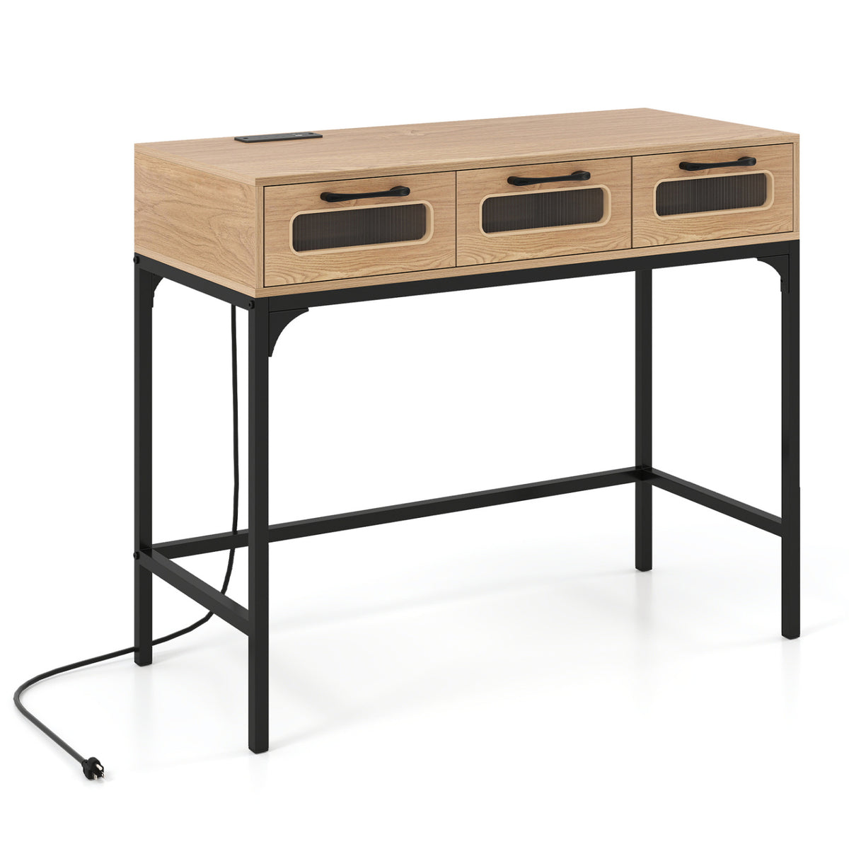 Console Table with LED Lighting and Charging Station for Living Room and Hallway-Natural
