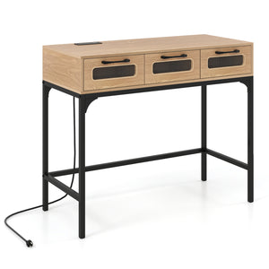 Console Table with LED Lighting and Charging Station for Living Room and Hallway-Natural