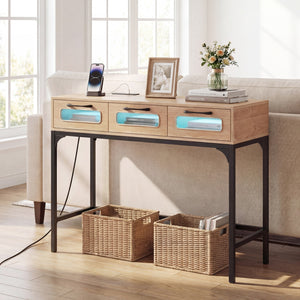 Console Table with LED Lighting and Charging Station for Living Room and Hallway-Natural