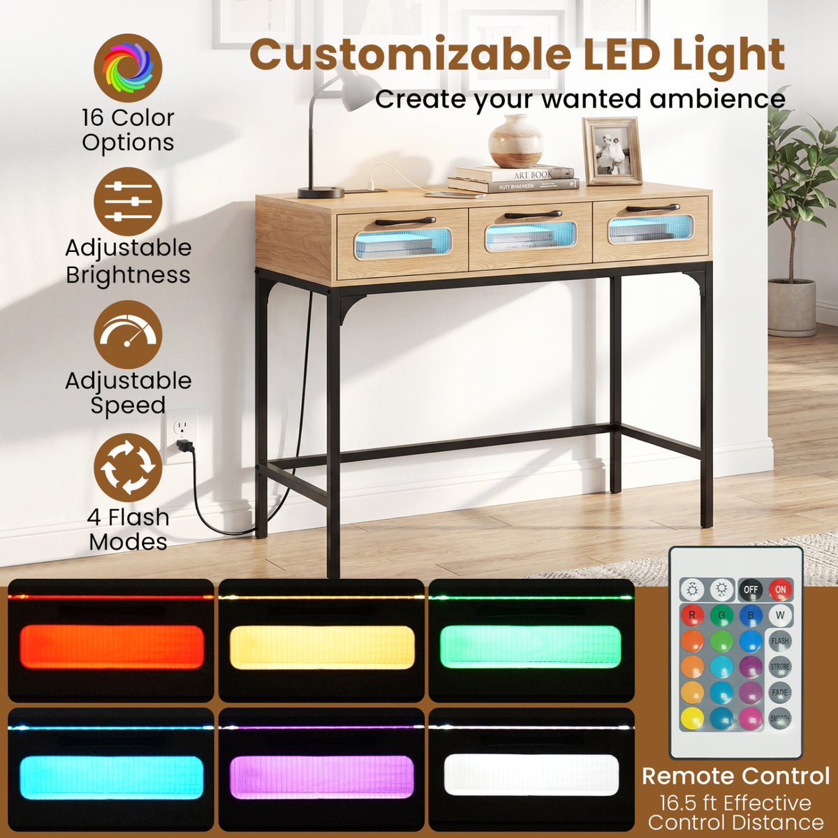 Console Table with LED Lighting and Charging Station for Living Room and Hallway-Natural