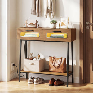 Console Table with LED Lights and Open Shelf for Hallway Entrance-Natural