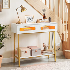 Console Table with LED Lights and Open Shelf for Hallway Entrance-White
