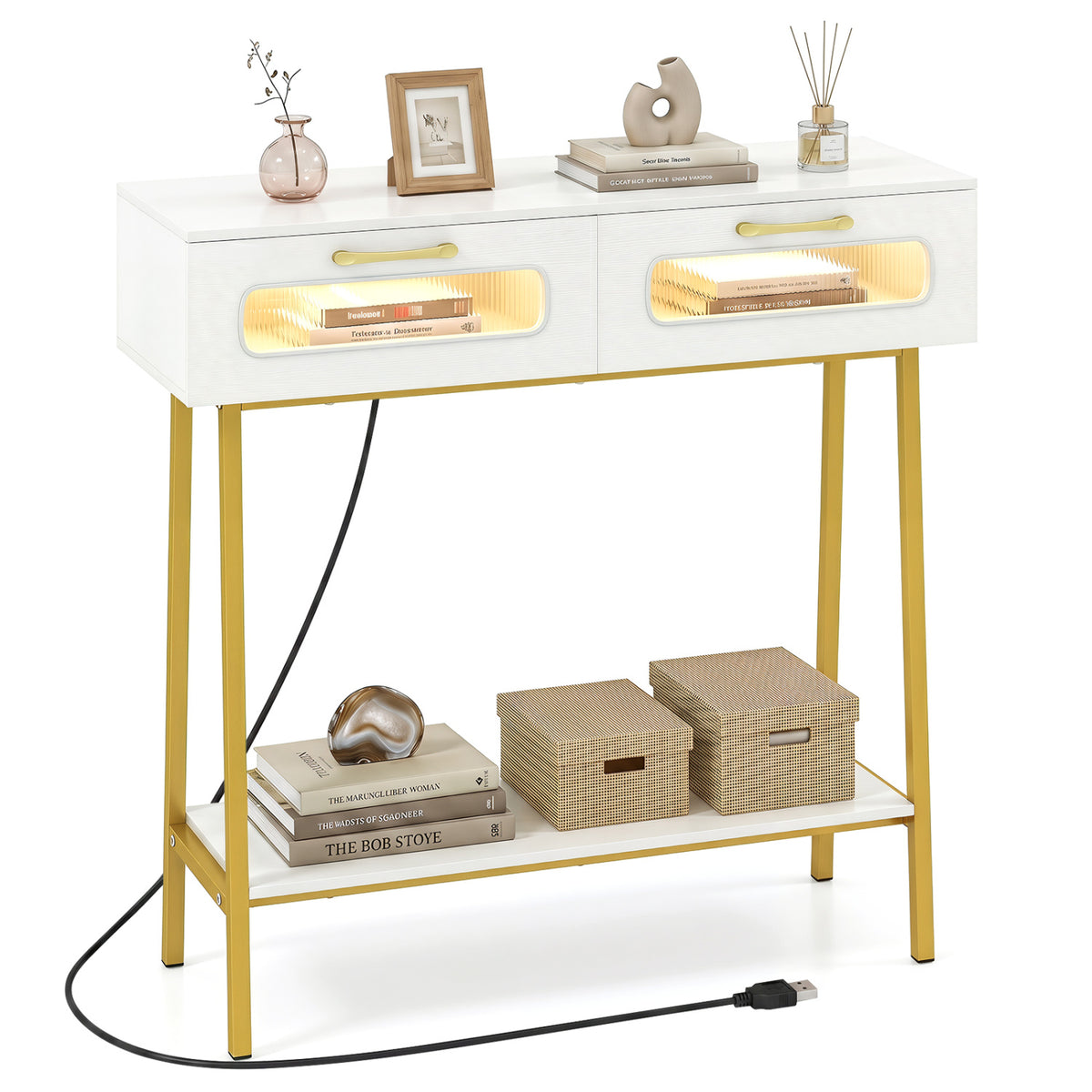 Console Table with LED Lights and Open Shelf for Hallway Entrance-White