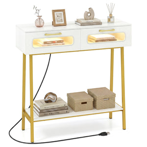Console Table with LED Lights and Open Shelf for Hallway Entrance-White