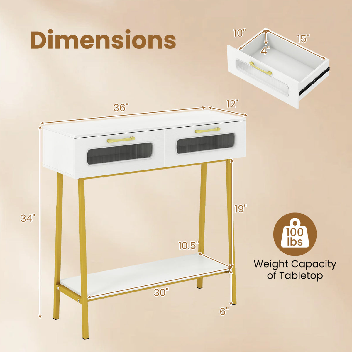 Console Table with LED Lights and Open Shelf for Hallway Entrance-White
