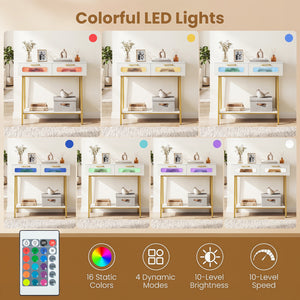 Console Table with LED Lights and Open Shelf for Hallway Entrance-White