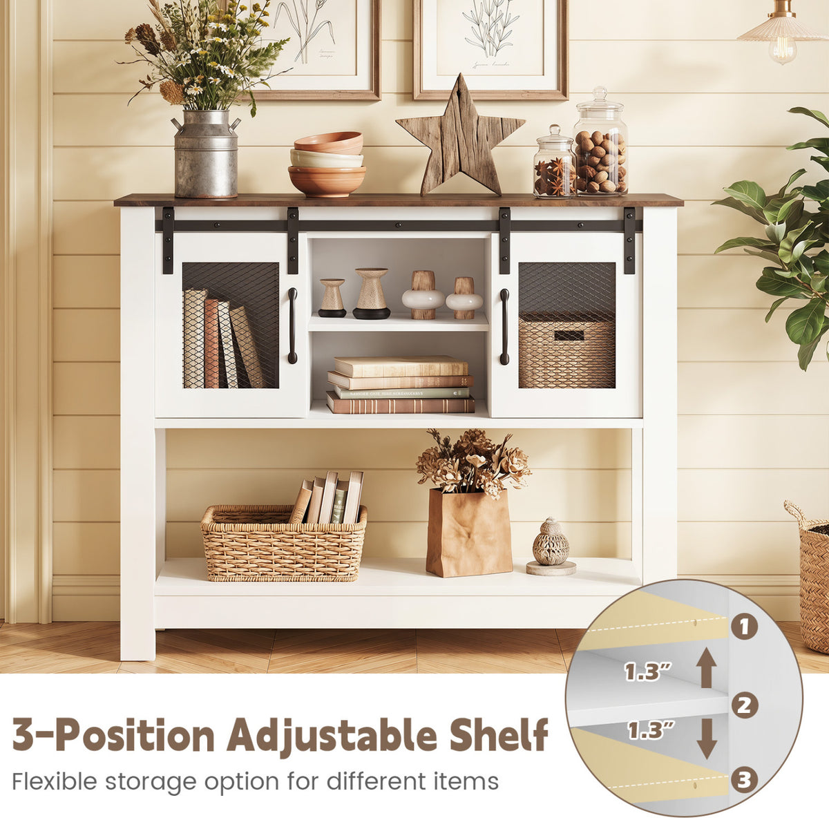 Console Table with Sliding Barn Doors and Storage Cabinets-Rustic Brown