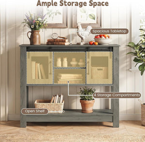Console Table with Sliding Barn Doors and Storage Cabinets-Gray