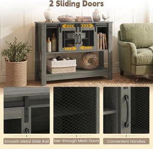 Console Table with Sliding Barn Doors and Storage Cabinets-Gray