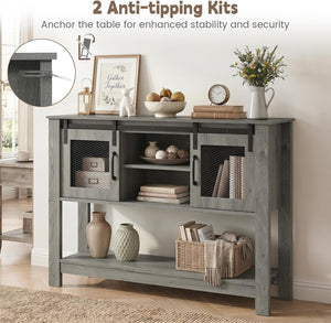 Console Table with Sliding Barn Doors and Storage Cabinets-Gray