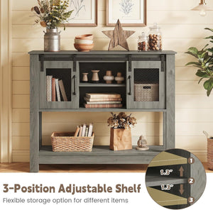Console Table with Sliding Barn Doors and Storage Cabinets-Gray