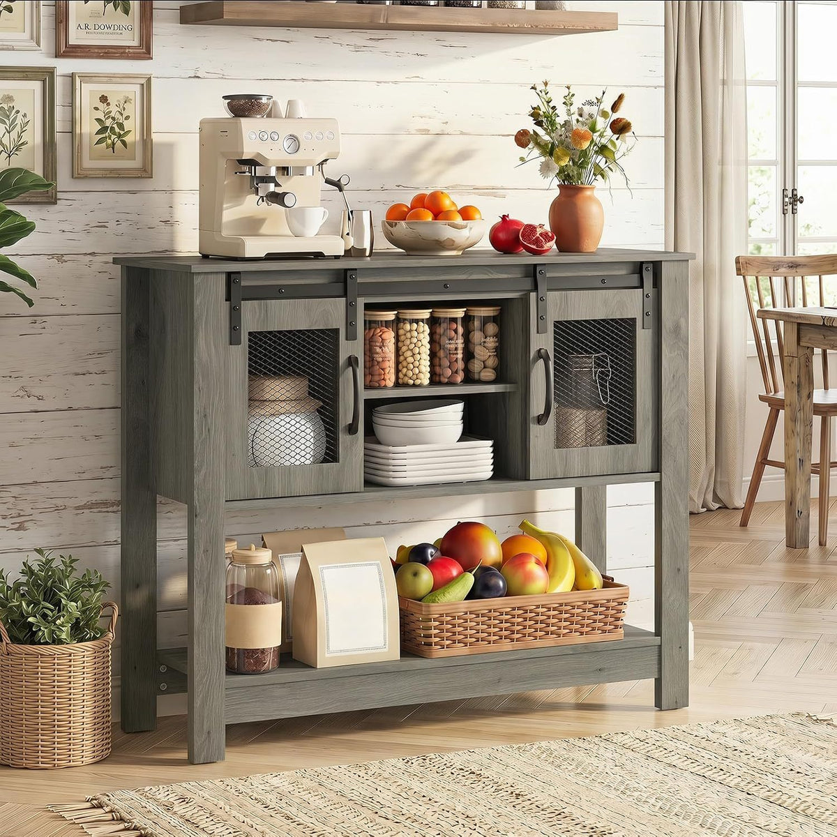 Console Table with Sliding Barn Doors and Storage Cabinets-Gray