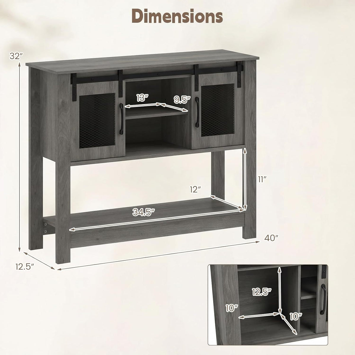 Console Table with Sliding Barn Doors and Storage Cabinets-Gray