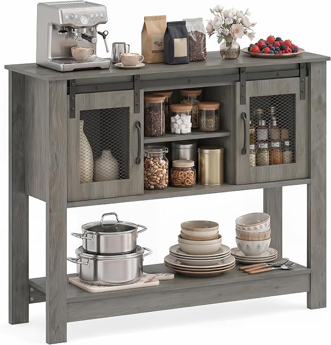 Console Table with Sliding Barn Doors and Storage Cabinets-Gray