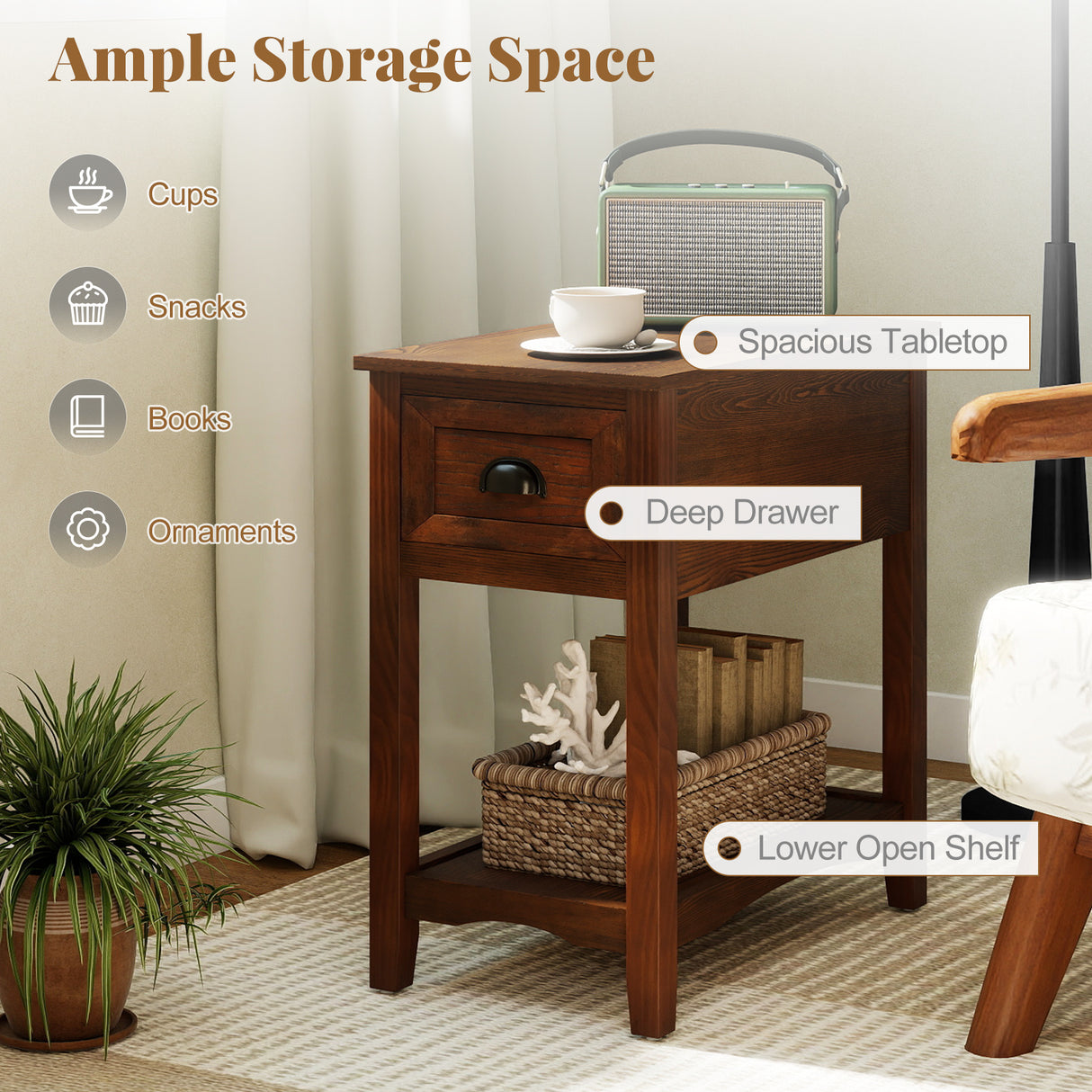 Contemporary Chair Side End Table Compact Table with Drawer Nightstand-Natural