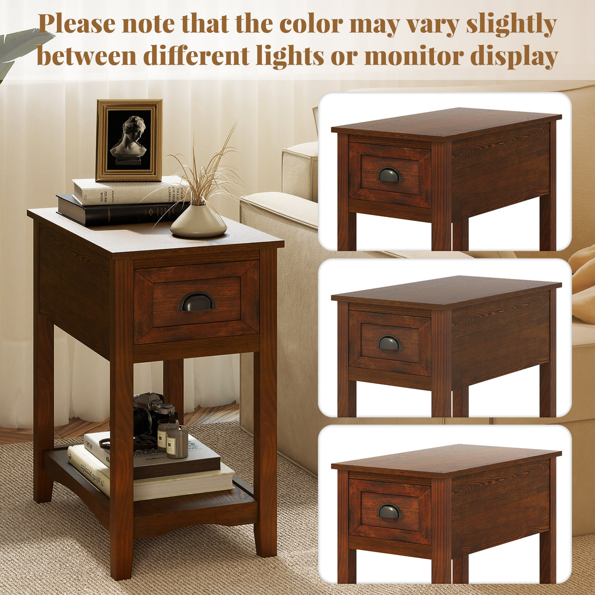 Contemporary Chair Side End Table Compact Table with Drawer Nightstand-Natural