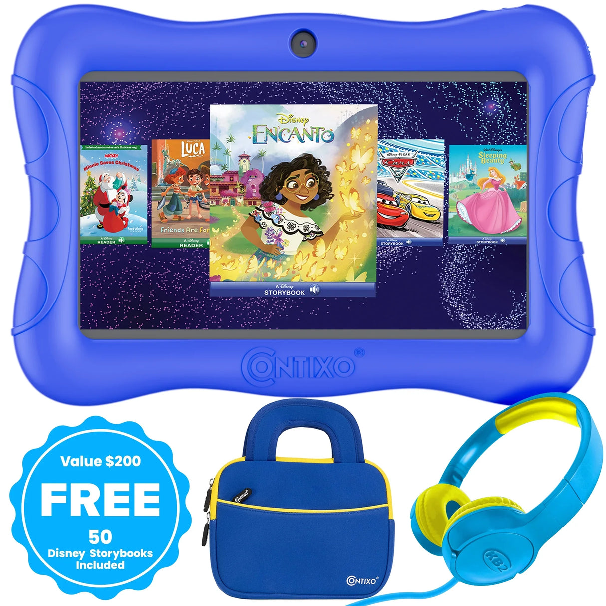 Contixo 7" Kids Tablet Bundle, 50 FREE Disney eBooks, Learning Android Tablet for kids 3-12, 32GB, Parental Controls, Kid-Proof Case with Kickstand, Includes Headphones, Carrying Case by Contixo