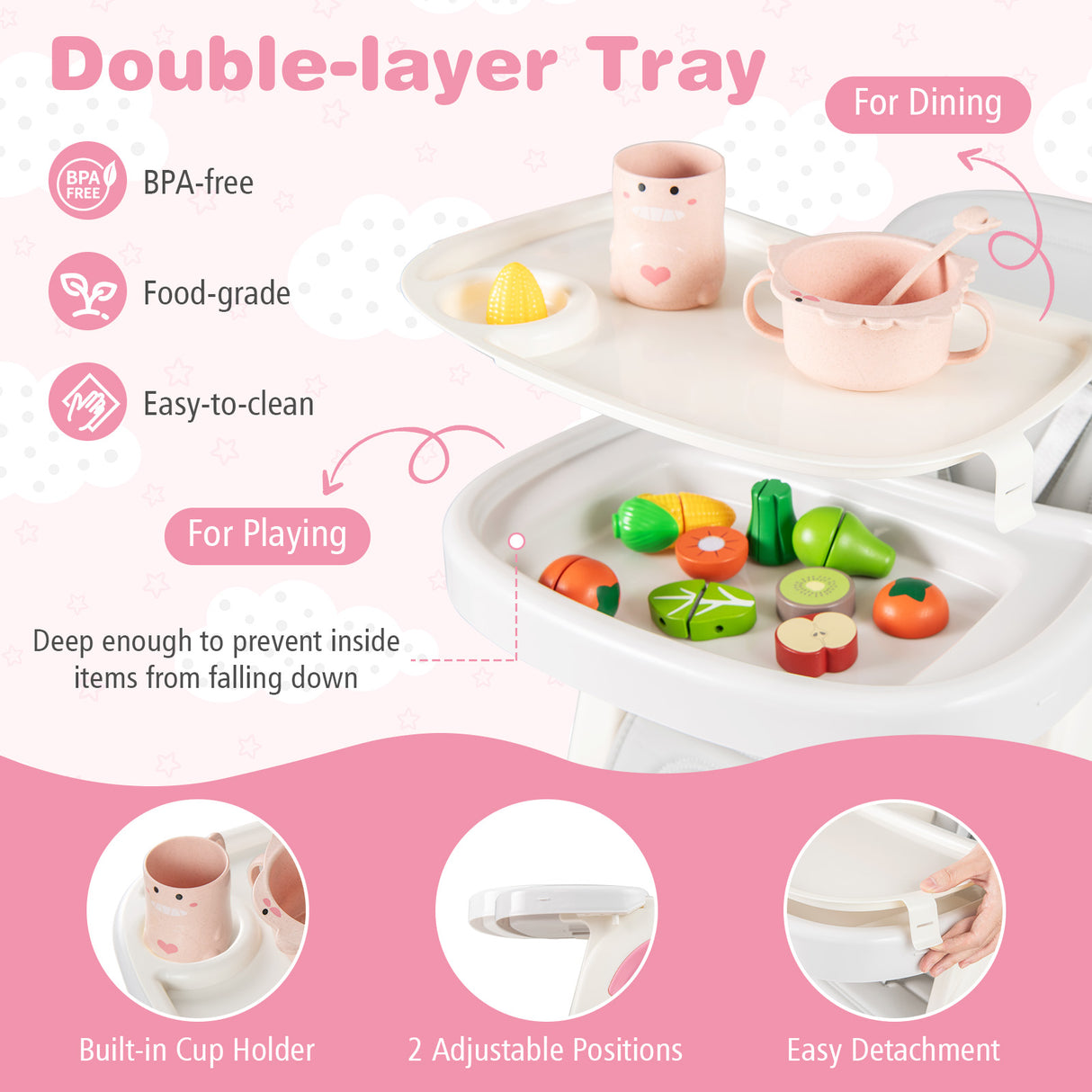 Convertible Baby High Chair with Double-layer Tray and Adjustable Backrest-Pink