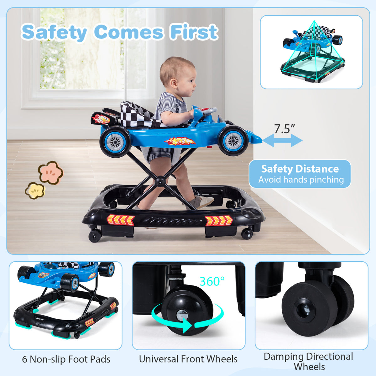 Convertible Baby Walker with 3 Adjustable Height Settings-Blue