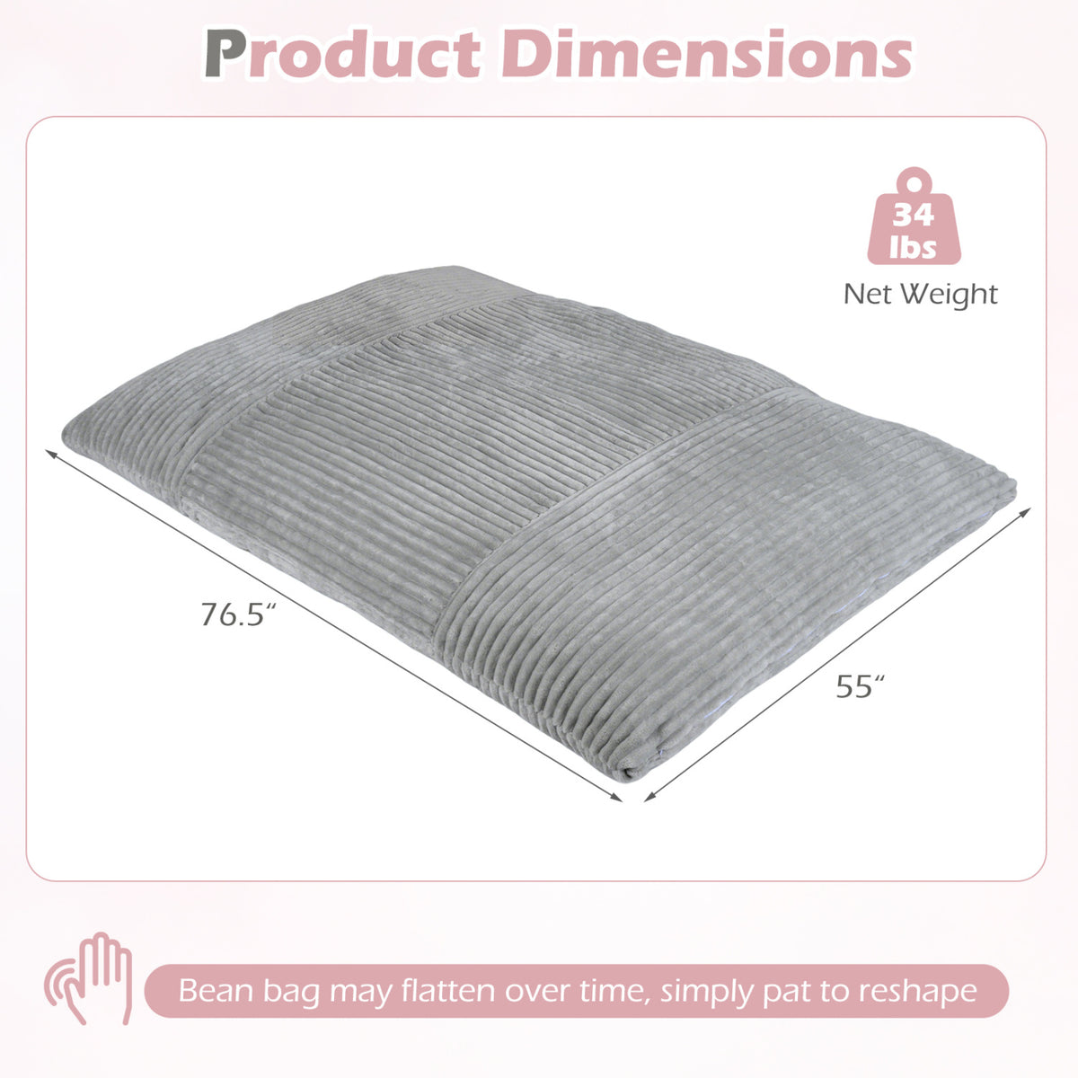 Convertible Bean Bag Floor Sofa with Machine-washable Corduroy Cover-Gray