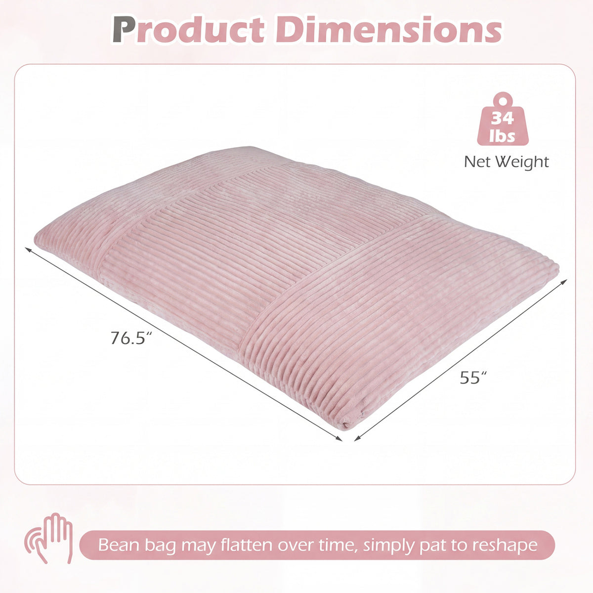 Convertible Bean Bag Floor Sofa with Machine-washable Corduroy Cover-Pink
