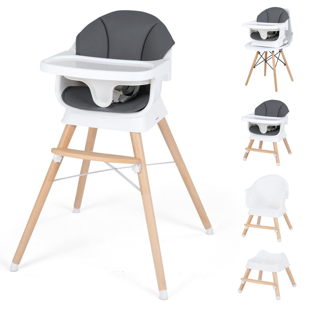 Convertible High Chair for Babies and Toddlers Solid Wood Baby Feeding Chair with 3-Position Adjustable Tray-Gray