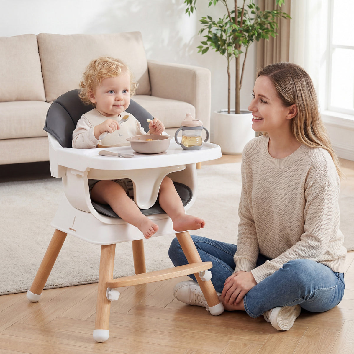 Convertible High Chair for Babies and Toddlers Solid Wood Baby Feeding Chair with 3-Position Adjustable Tray-Gray