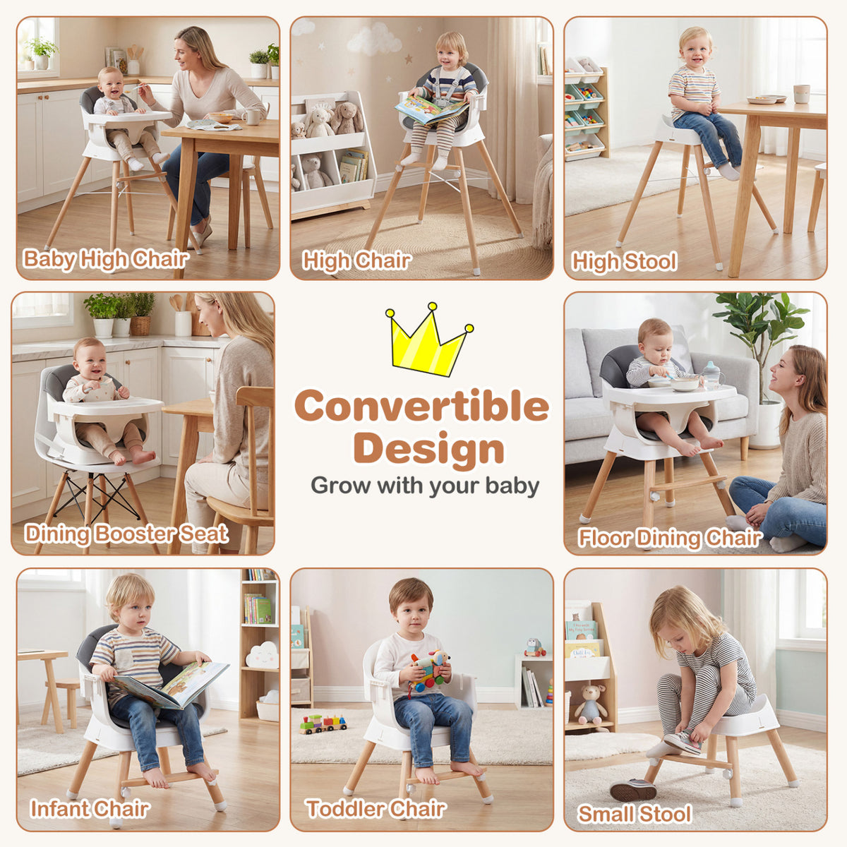 Convertible High Chair for Babies and Toddlers Solid Wood Baby Feeding Chair with 3-Position Adjustable Tray-Gray
