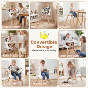 Convertible High Chair for Babies and Toddlers Solid Wood Baby Feeding Chair with 3-Position Adjustable Tray-Gray