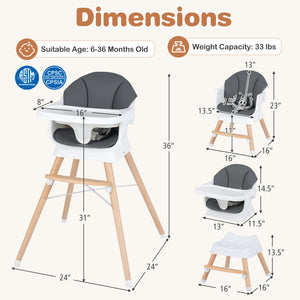 Convertible High Chair for Babies and Toddlers Solid Wood Baby Feeding Chair with 3-Position Adjustable Tray-Gray