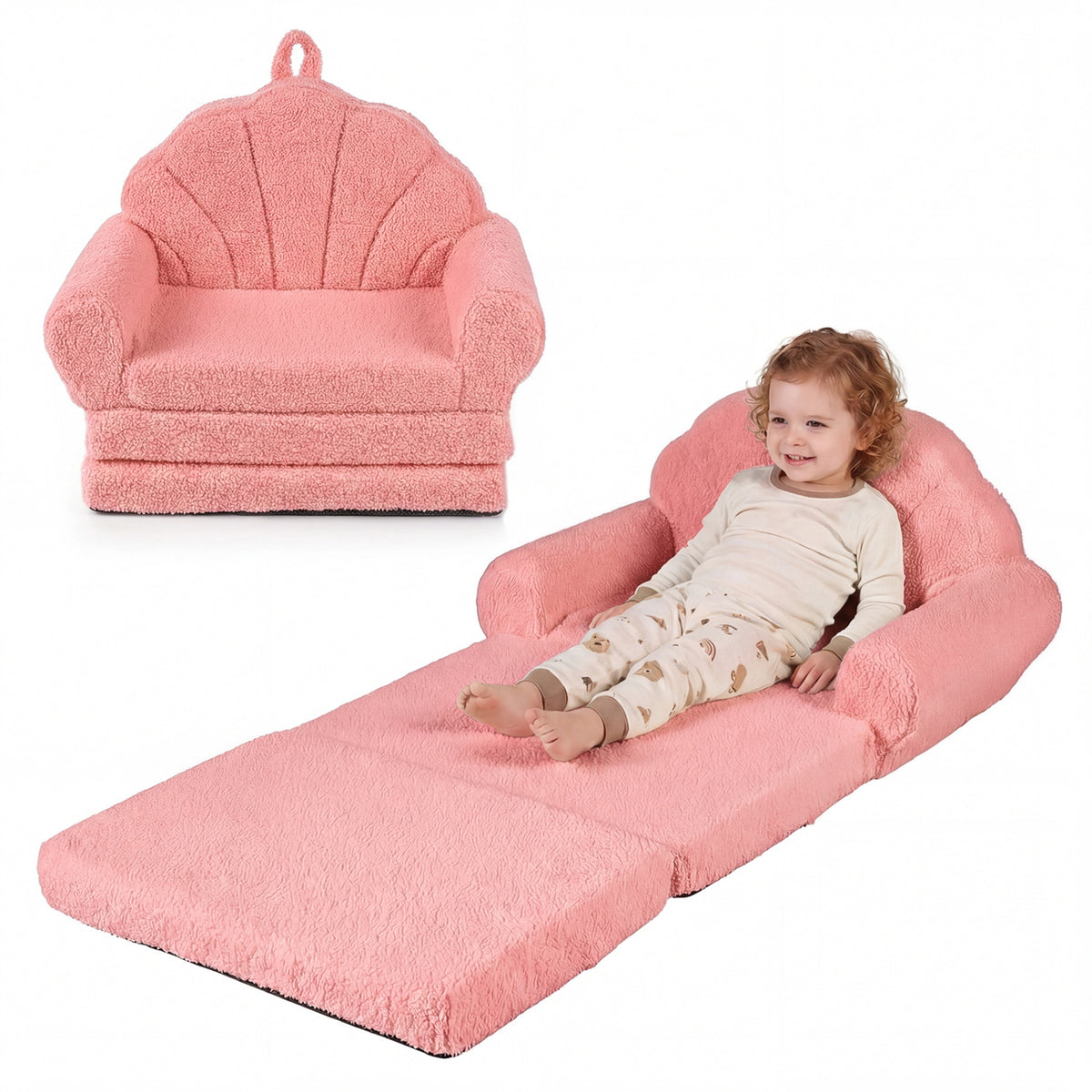 Convertible Kids Sofa 2-in-1 Fold out Toddler Couch Chair-Pink