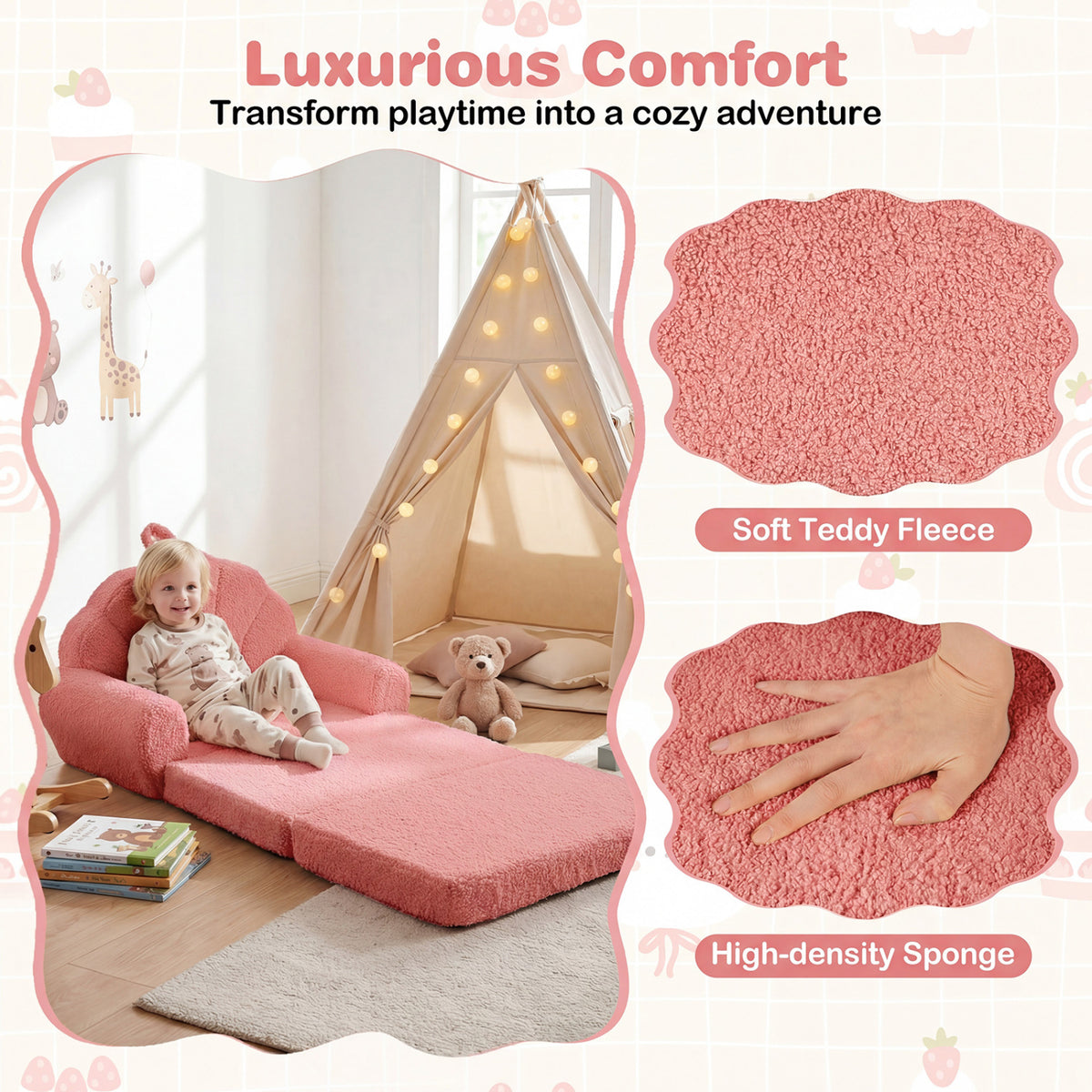 Convertible Kids Sofa 2-in-1 Fold out Toddler Couch Chair-Pink