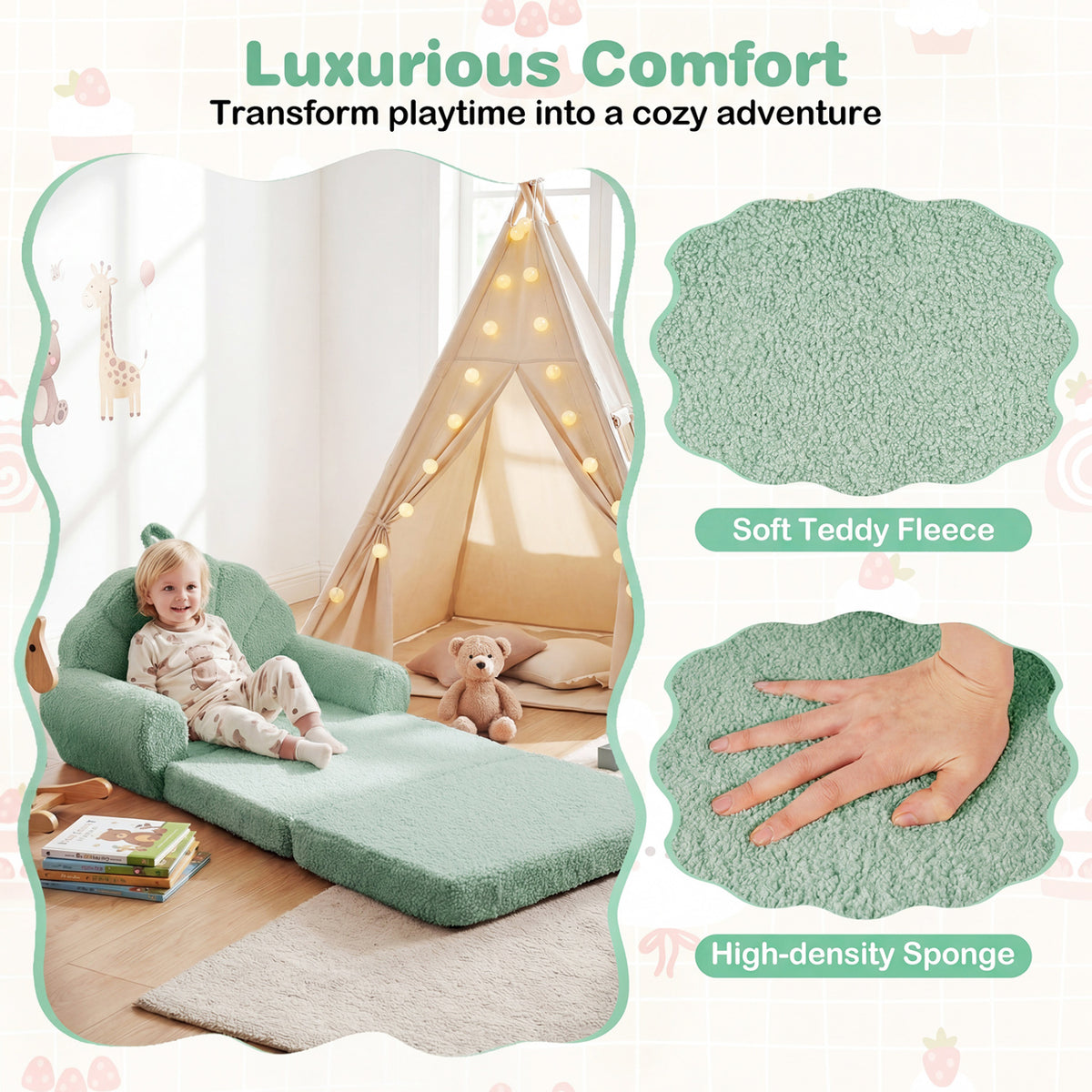 Convertible Kids Sofa 2-in-1 Fold out Toddler Couch Chair-Green