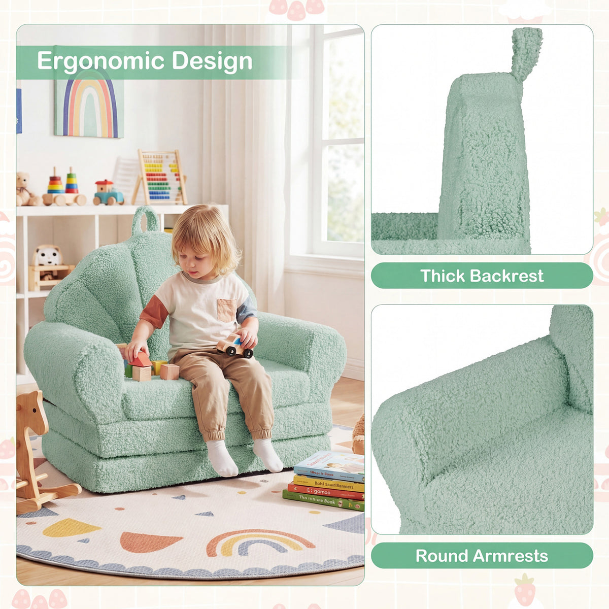 Convertible Kids Sofa 2-in-1 Fold out Toddler Couch Chair-Green