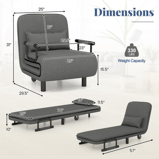 3-in-1 Convertible Sofa Bed with 5-Position Adjustable Backrest and Lumbar Pillow-Dark Gray