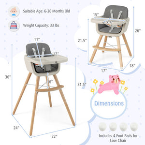 3-in-1 Convertible Wooden High Chair with Cushion-Light Gray