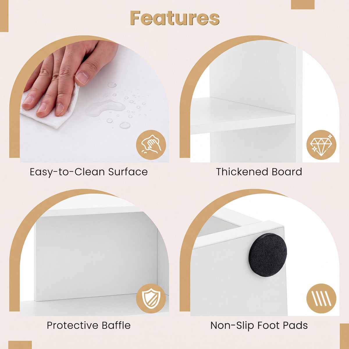 Convex Bookshelf with 3 Open Shelves & Anti-Toppling Device for Living Room-White