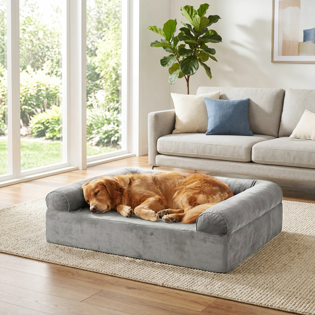 Cooling Gel Memory Foam Dog Bed for Medium Dogs with Washable Cover-Light Gray
