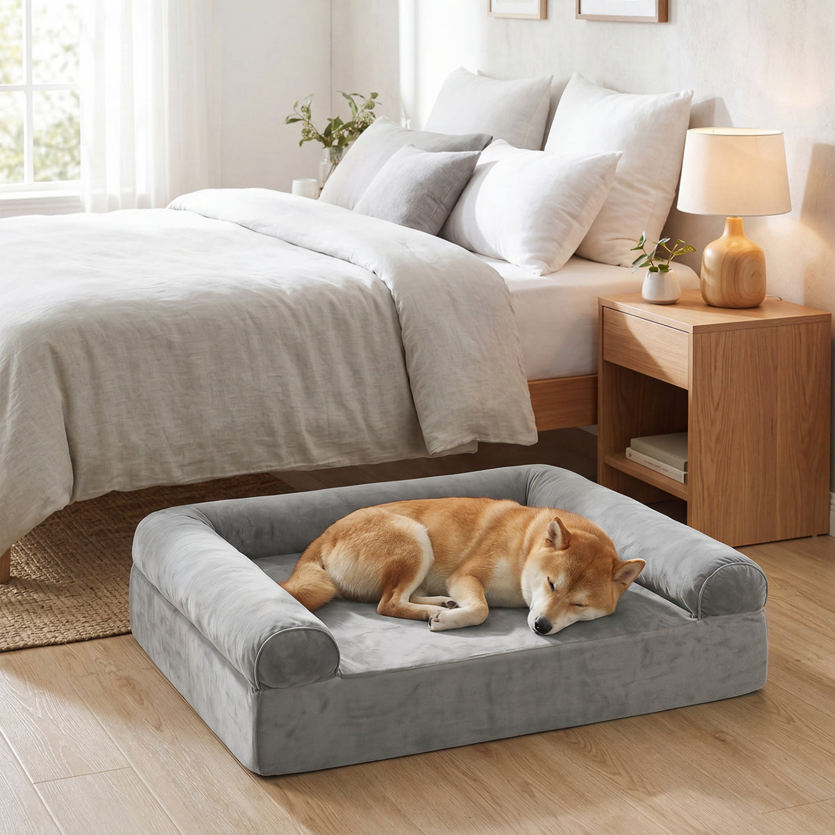 Cooling Gel Memory Foam Dog Bed for Medium Dogs with Washable Cover-Light Gray