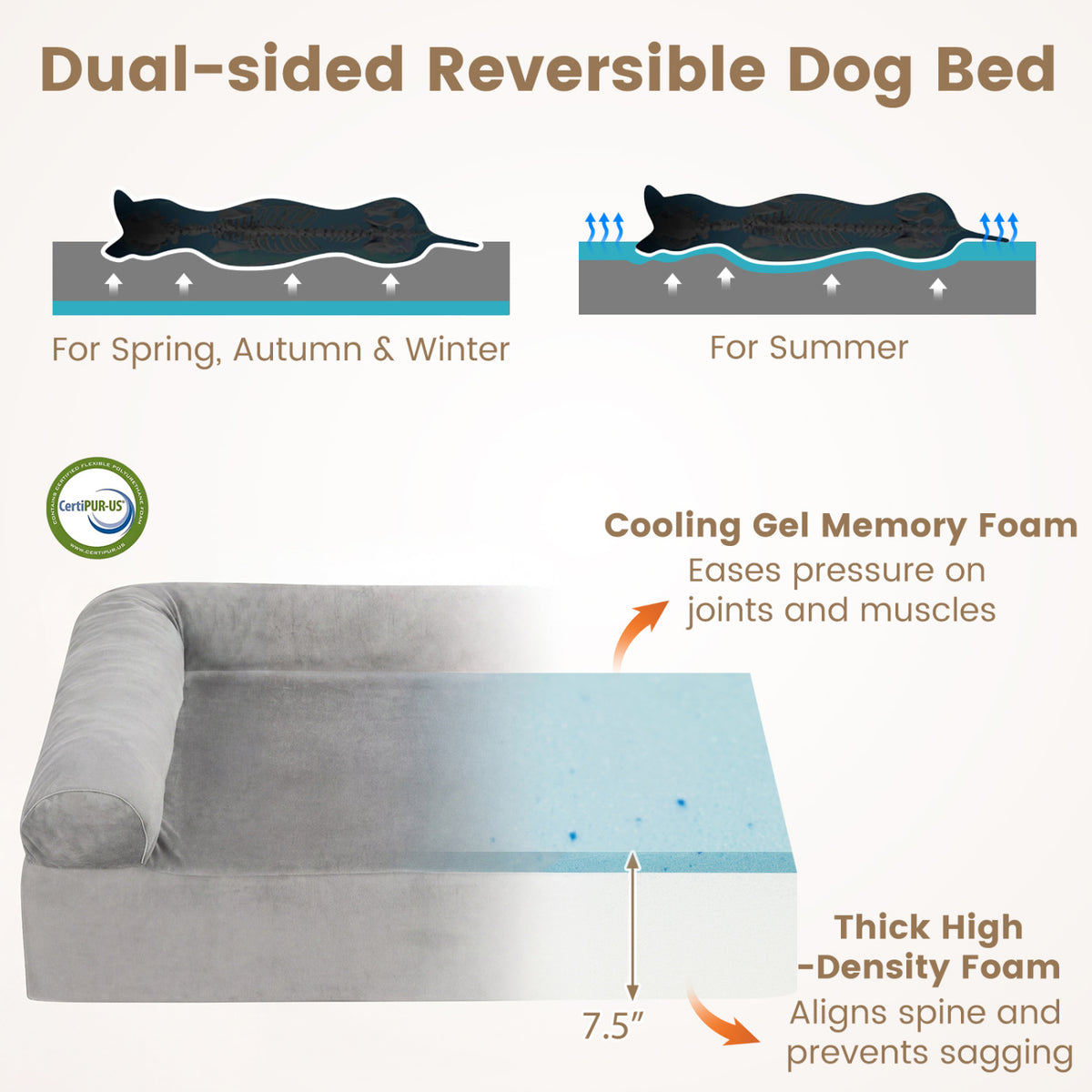 Cooling Gel Memory Foam Dog Bed for Medium Dogs with Washable Cover-Light Gray