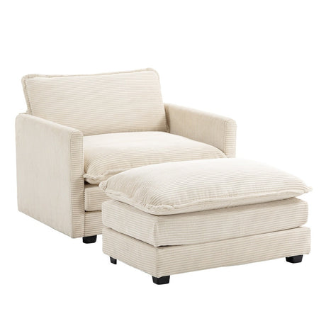 The Jearey Corduroy Sectional Sofa in beige features a cushioned seat and backrest, complemented by straight armrests. It is paired with a matching cushioned ottoman, and both pieces are supported by short, dark wooden legs.