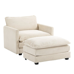The Jearey Corduroy Sectional Sofa in beige features a cushioned seat and backrest, complemented by straight armrests. It is paired with a matching cushioned ottoman, and both pieces are supported by short, dark wooden legs.